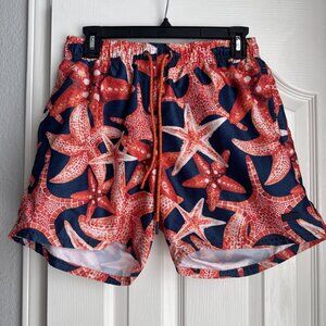 Hugo Boss Mens Swim Shorts Medium 5 Inch Inseam Orange Starfish Blue Swim Trunks